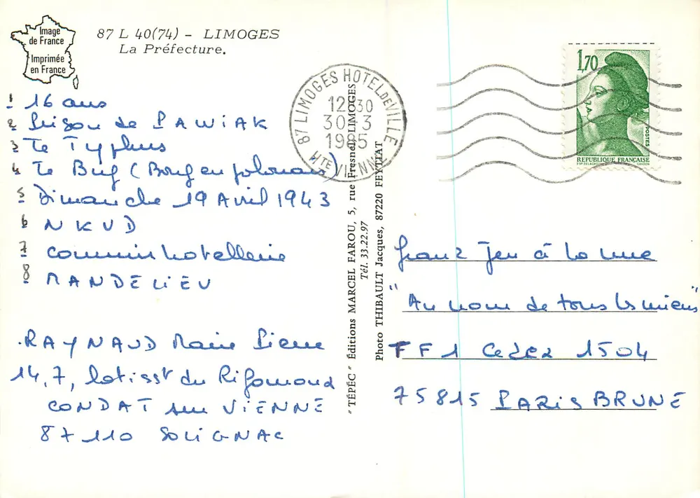 A Prefeitura de Limoges — Edições TÉBÉC, n° 87 L 40(74) - Verso