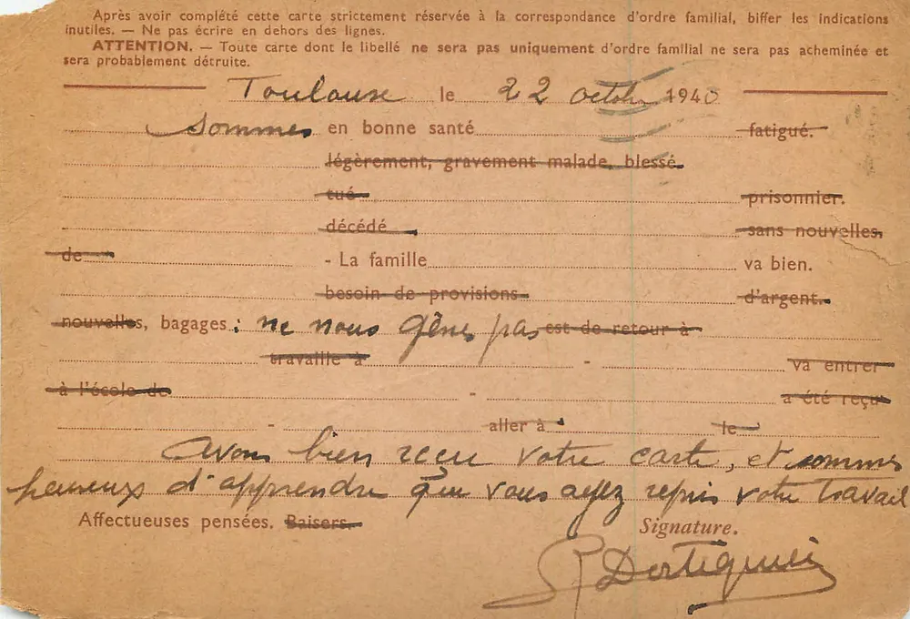 Toulouse — Correspondance familiale — Carte postale de Toulouse à Paris, datée du 22 octobre 1940 - Verso