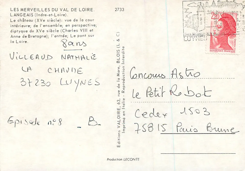 Langeais — Schloss des 15. Jahrhunderts, Brücke über die Loire, königliches Diptychon — Edition Valoire - Rückseite