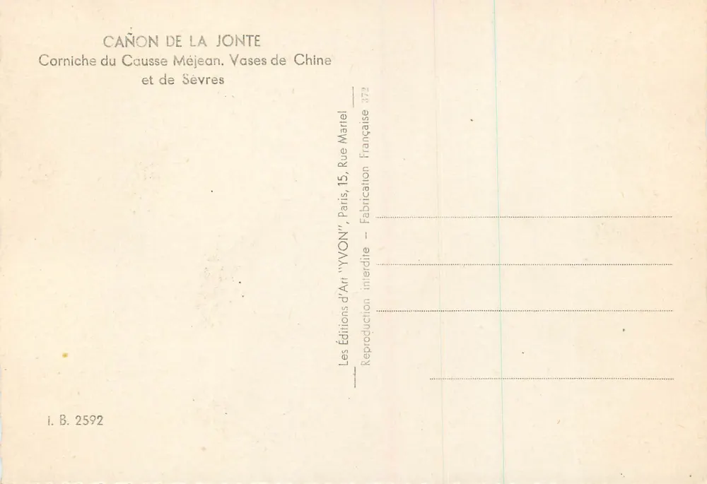 Cañon de la Jonte — Aussicht auf die Klippen des Causse Méjean, chinesische Vasen — Éditions d'Art 'YVON', Paris - Rückseite