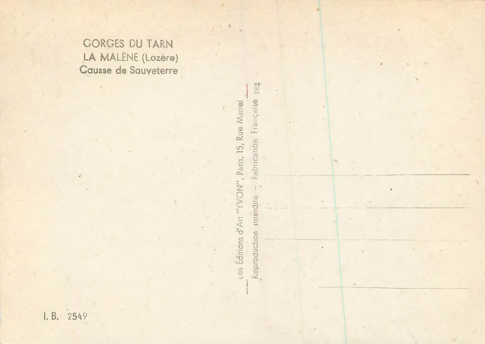 Gorges du Tarn — La Malène (Lozère) — Causse de Sauveterre — Éditions d'Art 'YVYON', Paris - Verso