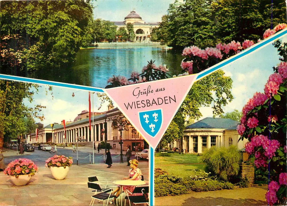 Wiesbaden — Kurstadt avec Kurgarten, Kurhaus et Theaterkolonnade — éditeur J. Hinkel, n° FF 1754 - Recto