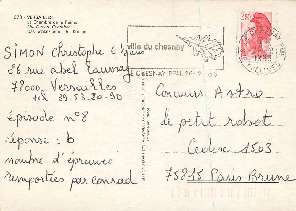 Versailles — A Câmara da Rainha — Éditions d'Art Lys, Chesnay, n°278 - Verso