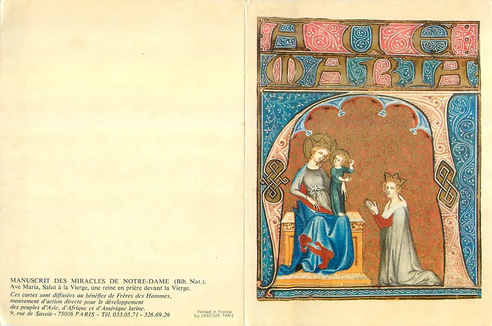Manuscrito dos Milagres de Nossa Senhora — Ave Maria, Salve a Virgem, uma rainha em oração diante da Virgem — editor Draeger, Paris - Frente