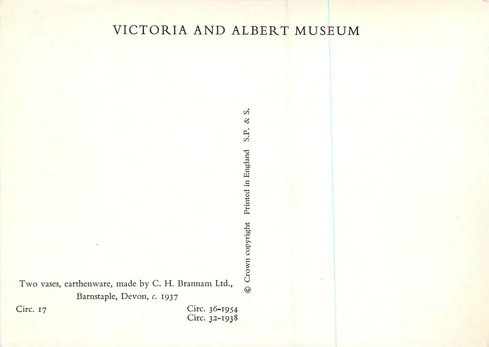 Dois vasos de argila — C. H. Brannam Ltd., Barnstaple, Devon, c. 1937 — Victoria and Albert Museum, Circ. 17 - Verso