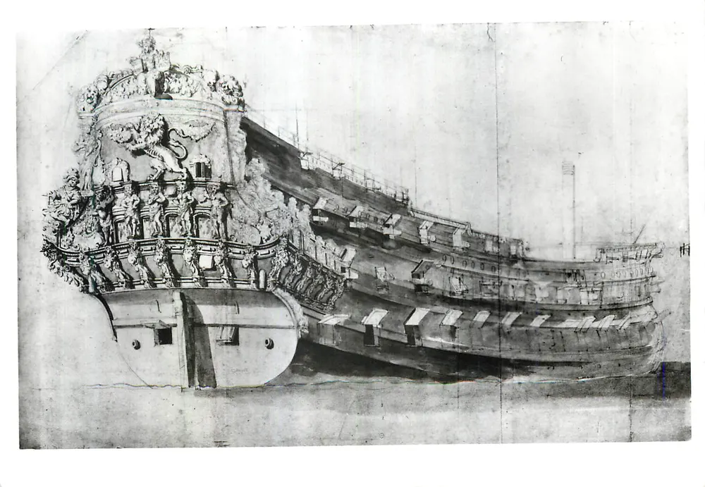 Costado da embarcação holandesa "Gouden Leeuw" — costado direito — Wilhelms van de Velde I (1611-1693) — Victoria and Albert Museum, E.109 - Frente