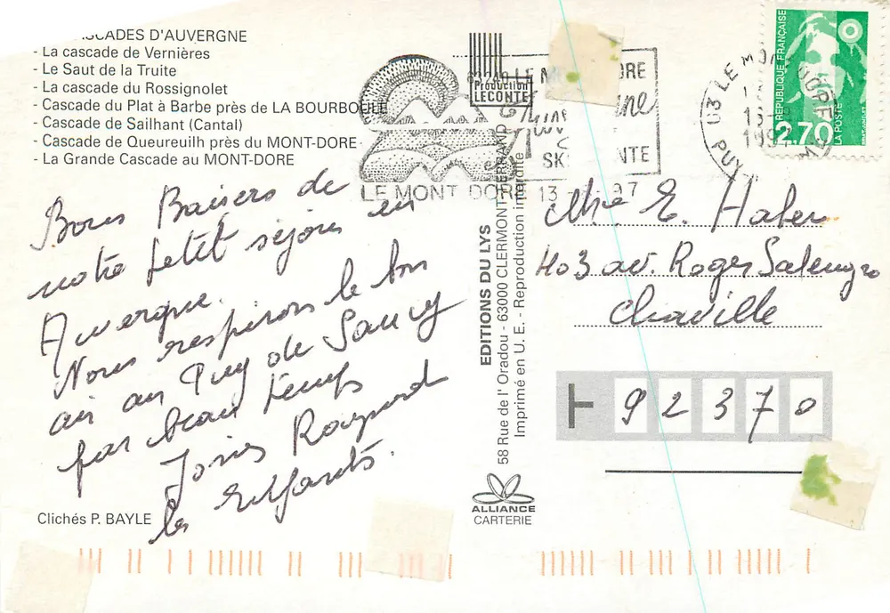 Cascades d'Auvergne — Éditions du Lys, n° 92370 - Rückseite