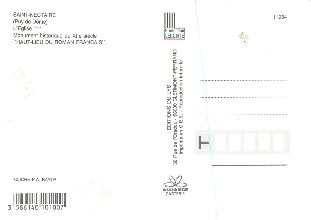 Saint-Nectaire — Igreja romana do século XII — Éditions du Lys - Verso