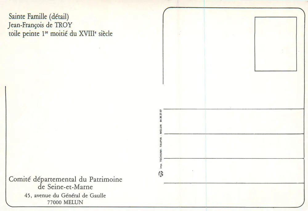 Heilige Familie (Detail) — gemalte Leinwand, erste Hälfte des 18. Jahrhunderts — Départemental Committee für Denkmalschutz von Seine-et-Marne - Rückseite
