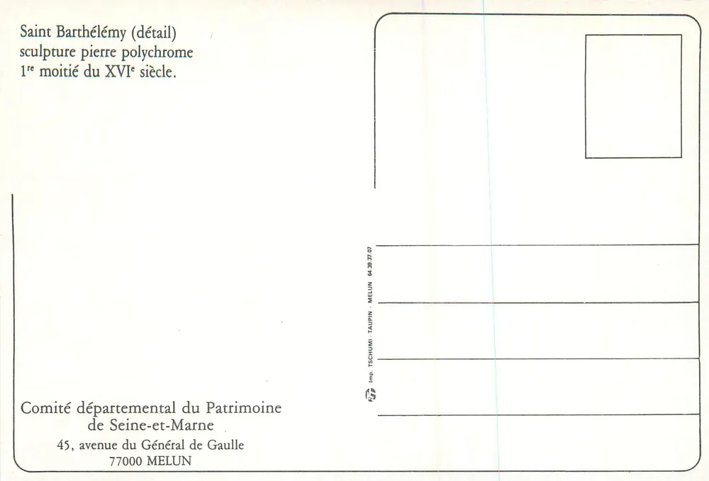 São Bartolomeu — detalhe — Comité départemental du Patrimoine de Seine-et-Marne - Verso