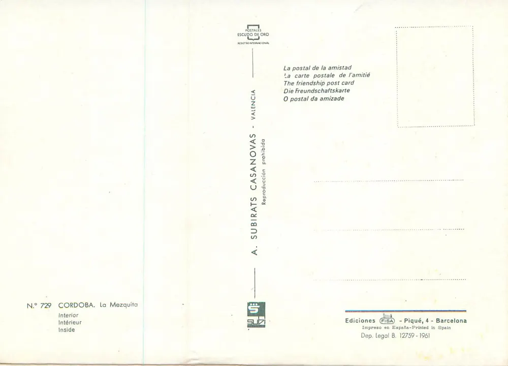Cordoue — Intérieur de la Mezquita — Éditeur A. Subirats Casanovas, n° 729 - Verso