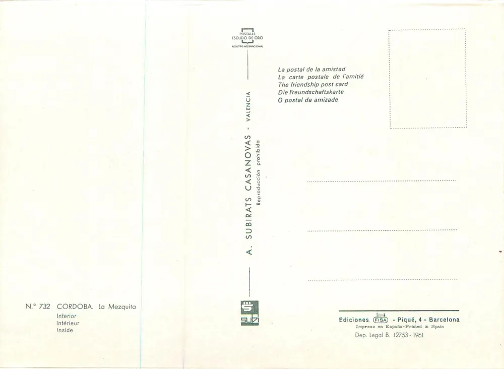 Cordoue — Intérieur de la Mezquita — Éditeur A. Subirats Casanovas, série N° 732 - Verso