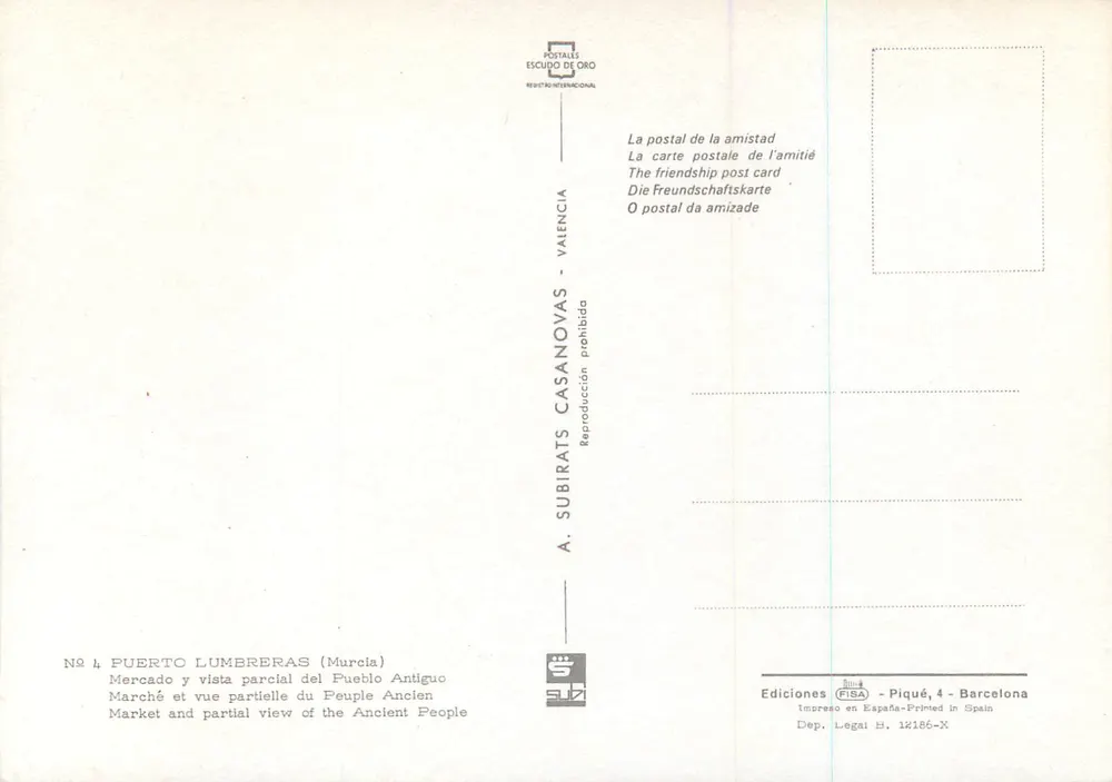 Puerto Lumbreras (Murcia) — Markt und Teilansicht des alten Dorfes — Postales Escudo de Oro - Rückseite