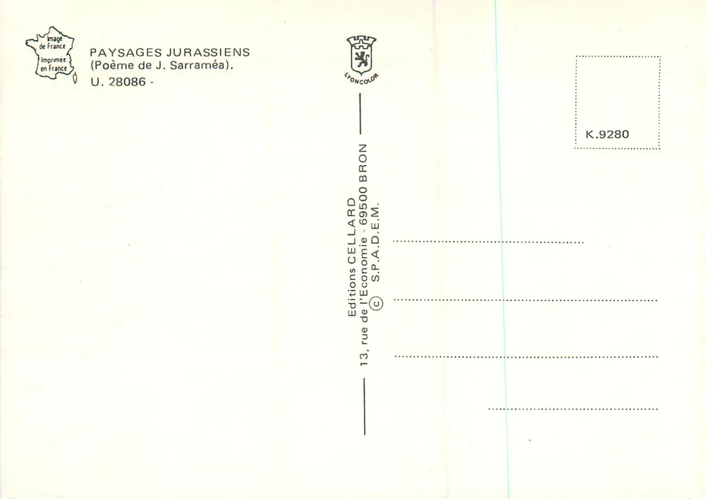 주라 지방 풍경 — J. Sarraméa의 시 — Éditions Cellard Bron - 뒷면