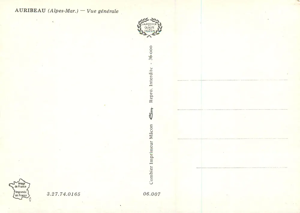 Auribeau (Alpes-Mar.) — Vista geral — Laurier d'Or Qualité Création, n° 36.000 - Verso
