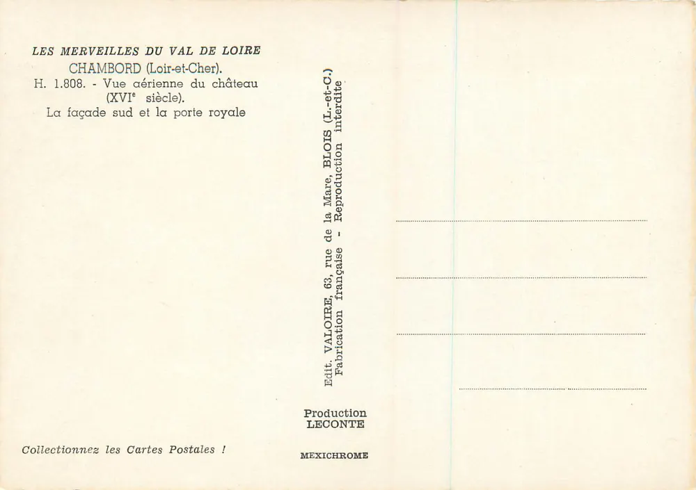 Chambord — Vue aérienne du château (XVIe siècle) — Éditeur Valoire, n° H.1.808 - Verso