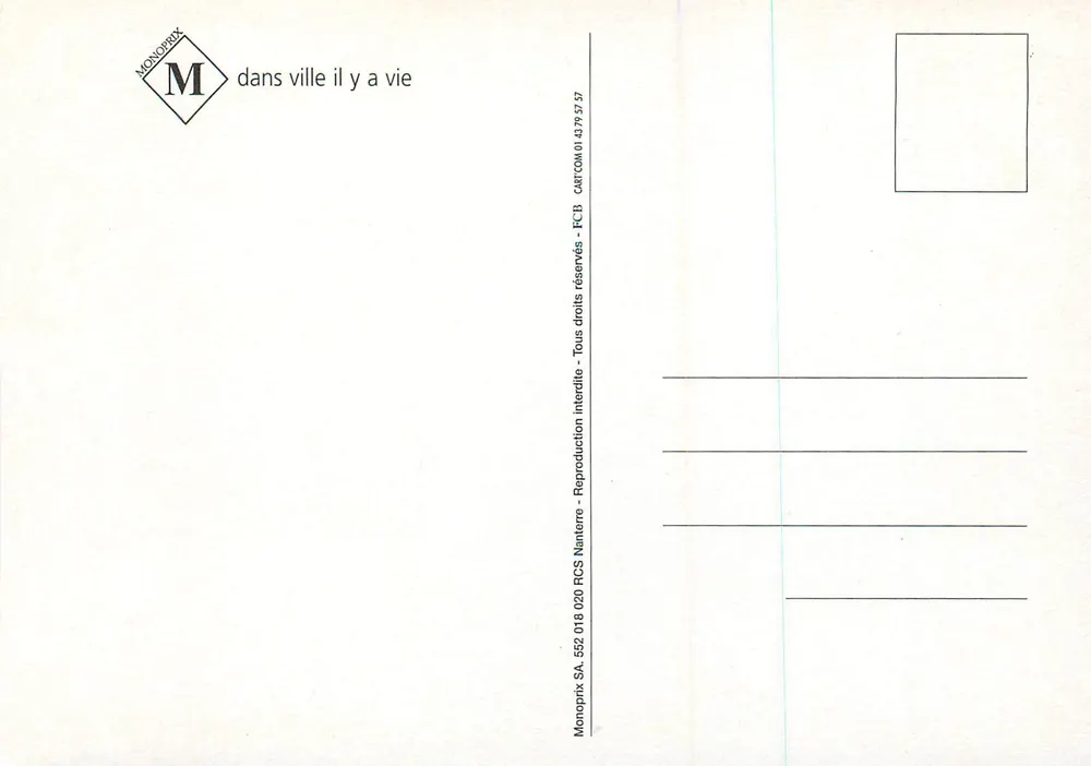 Na cidade há vida — Monoprix — n° de série CARTCOM 01 43 75 57 57 - Verso