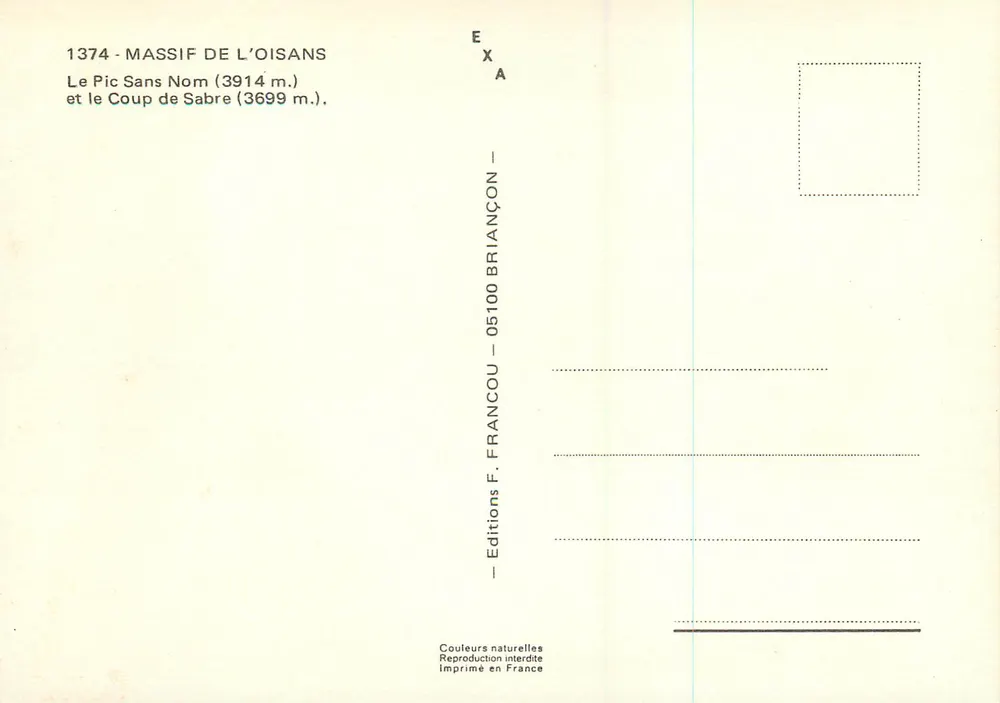 Massif de l'Oisans — Le Pic Sans Nom (3914 m.) und Le Coup de Sabre (3699 m.) — Editions F. Francou - Rückseite
