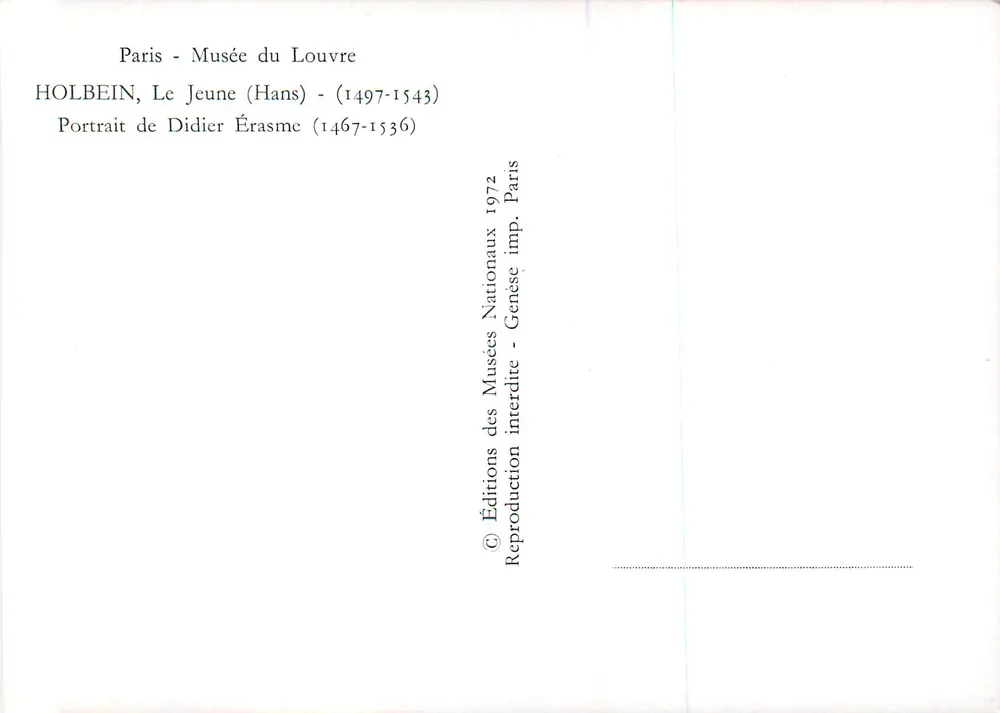 Porträt von Didier Érasme — von Holbein dem Jüngeren — Éditions des Musées Nationaux, Paris 1972 - Rückseite