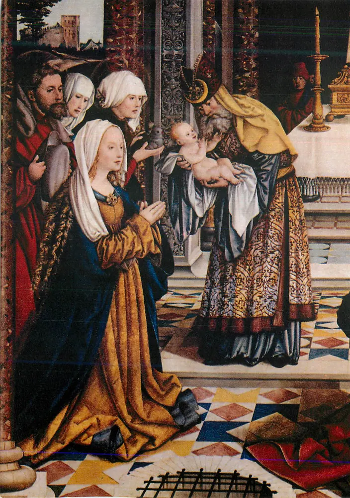 A Apresentação no Templo — Martin Schaffner (cerca de 1478-1547) — Flügel do Hochaltar von Wettenhausen, Alte Pinakothek, Munique - Frente