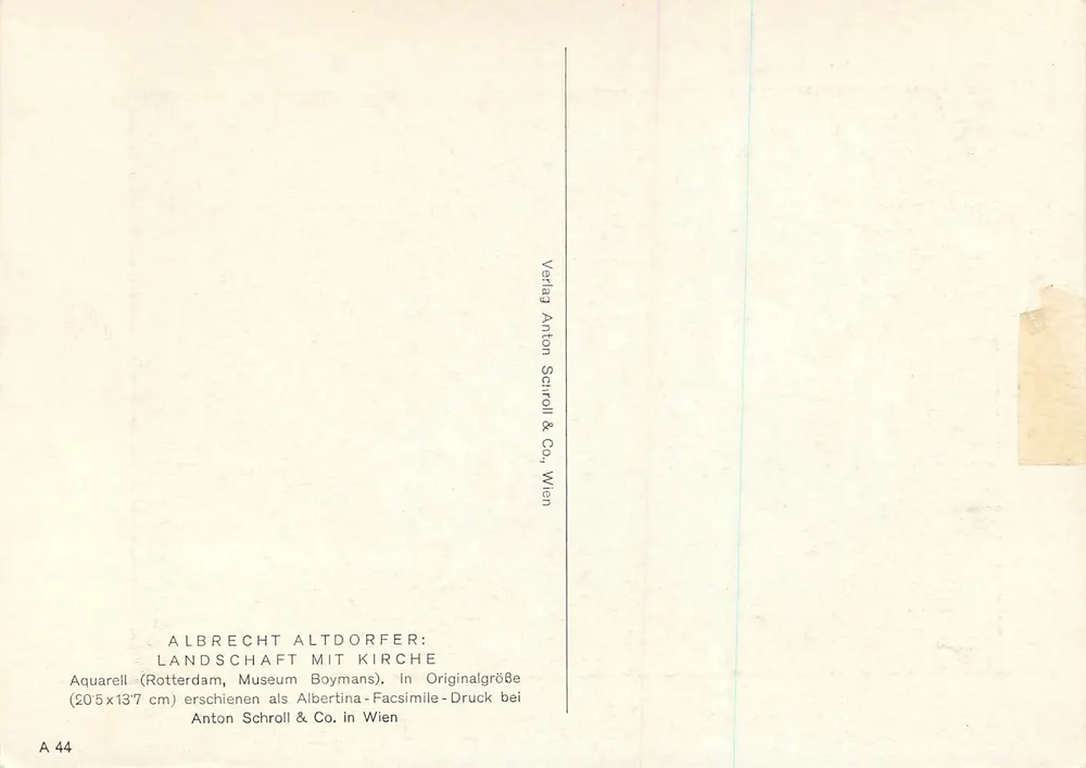 Landschaft mit Kirche — Aquarell d'Albrecht Alt dorfer — éditeur Anton Schroll & Co, Wien, n° A 44 - Verso