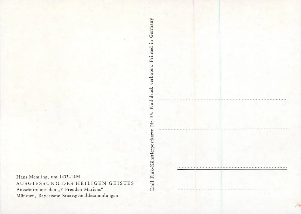 Ausschnitt aus den 7 Freuden Mariens — Ausgießen des Heiligen Geistes — Hans Memling, um 1433-1494 — Emil Fink, Nr. 55 - Rückseite