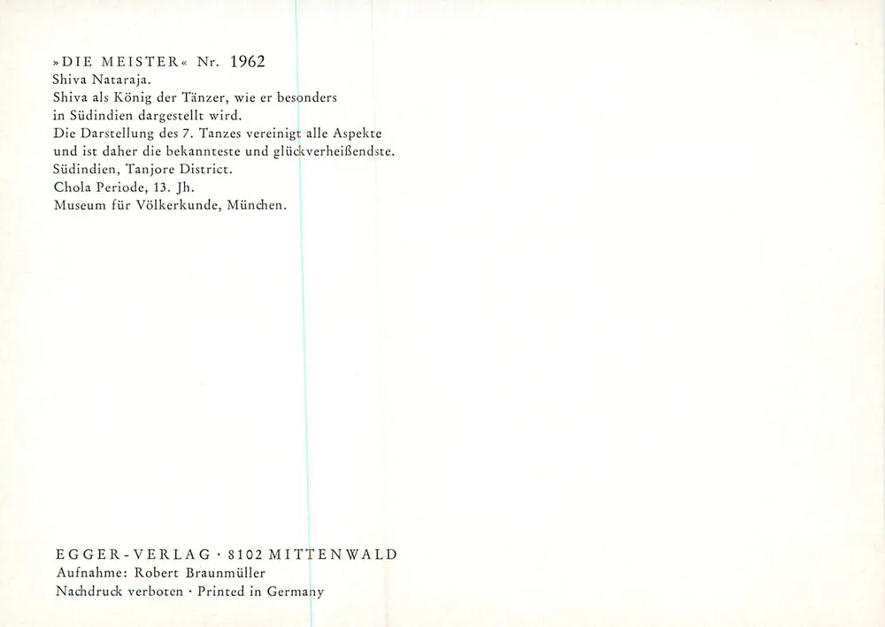 Shiva Nataraja — Darstellung der 7. Tanz — Verlag Egger-Verlag, Nr. 1962 - Rückseite
