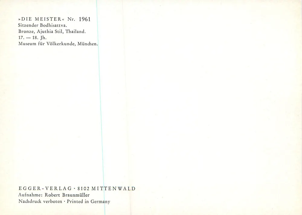 Sitzende Buddha-Statue — Ajuthia-Stil, 17. bis 18. Jahrhundert — Verlag Egger-Verlag, Serie « Die Meister » n°1961 - Rückseite