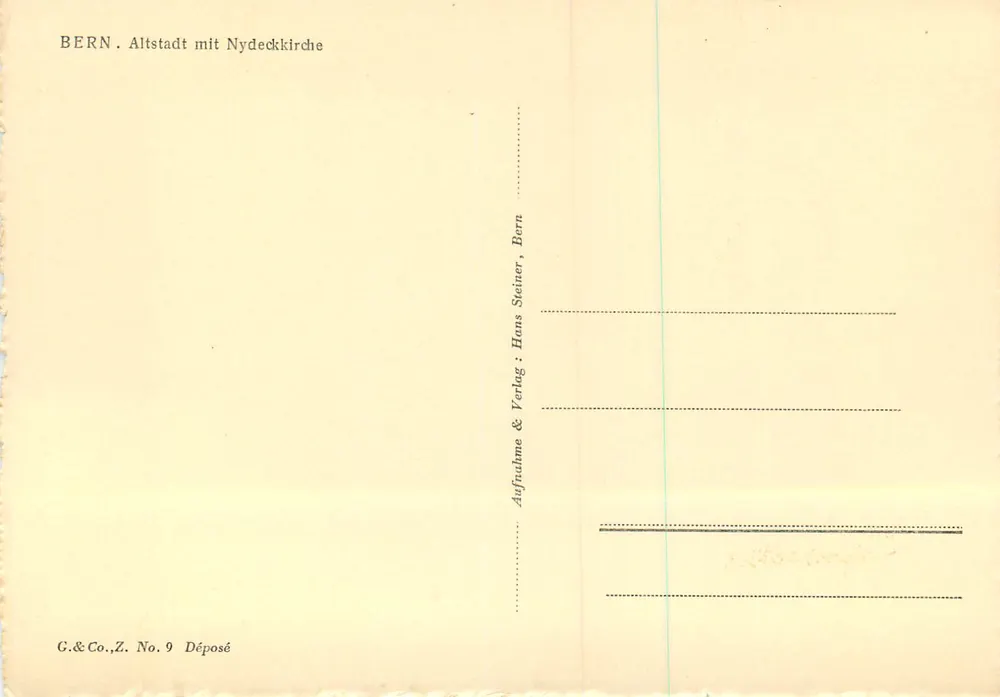 Bern. Velha cidade com a Igreja de Nydecker — G.&Co.,Z. No. 9 — editor Hans Steiner, Bern - Verso
