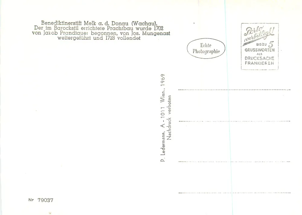 Benedictijnerabdij van Melk — uitgever P. Ledermann, Wenen, n° 79037 - Achterkant