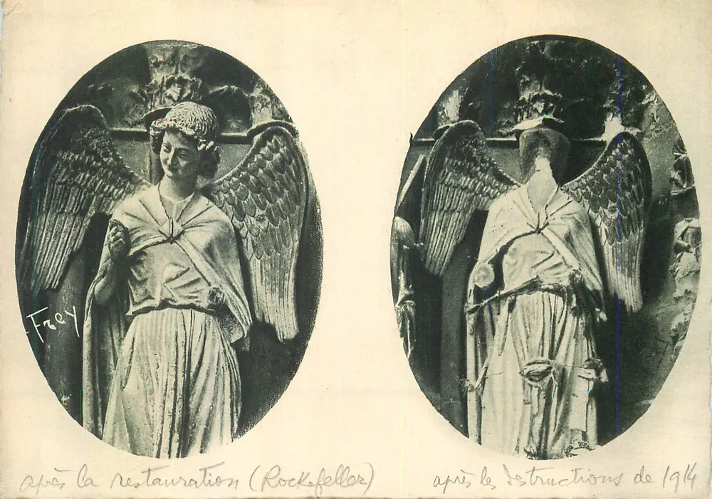 La Cathédrale de Reims — Les anges de la façade — avant et après les destructions de 1914 — Éditeur Jacques Freville, Reims - Recto