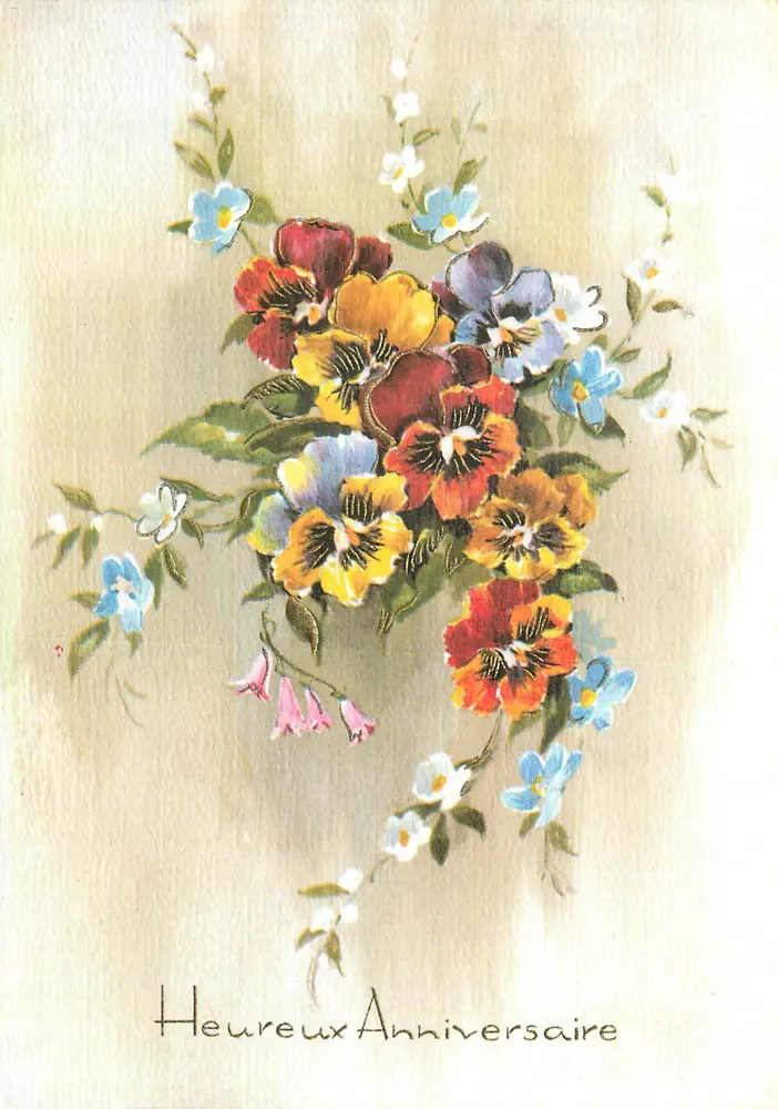 Arranjo de flores de pensão coloridas — Feliz Aniversário — Impresso na Bélgica, n° 88.790 - Frente