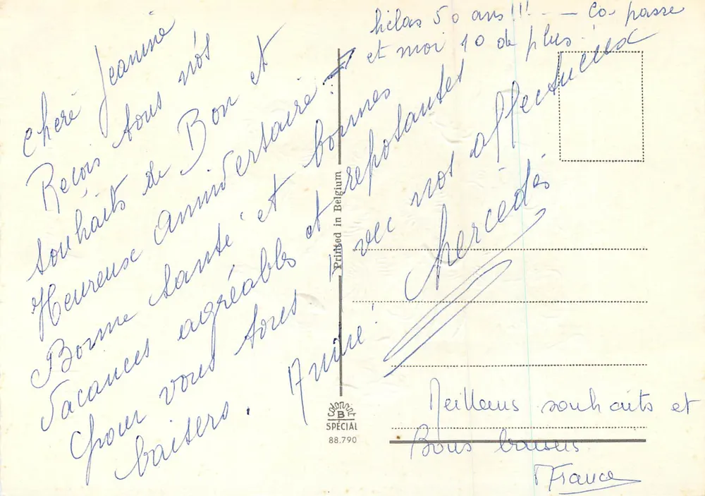 Arranjo de flores de pensão coloridas — Feliz Aniversário — Impresso na Bélgica, n° 88.790 - Verso