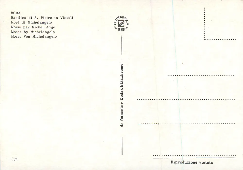 Moisés — estátua de Michel-Ange — Basílica de São Pedro em Vincis, Roma — editor Plurigraphe Terni, n° 632 - Verso
