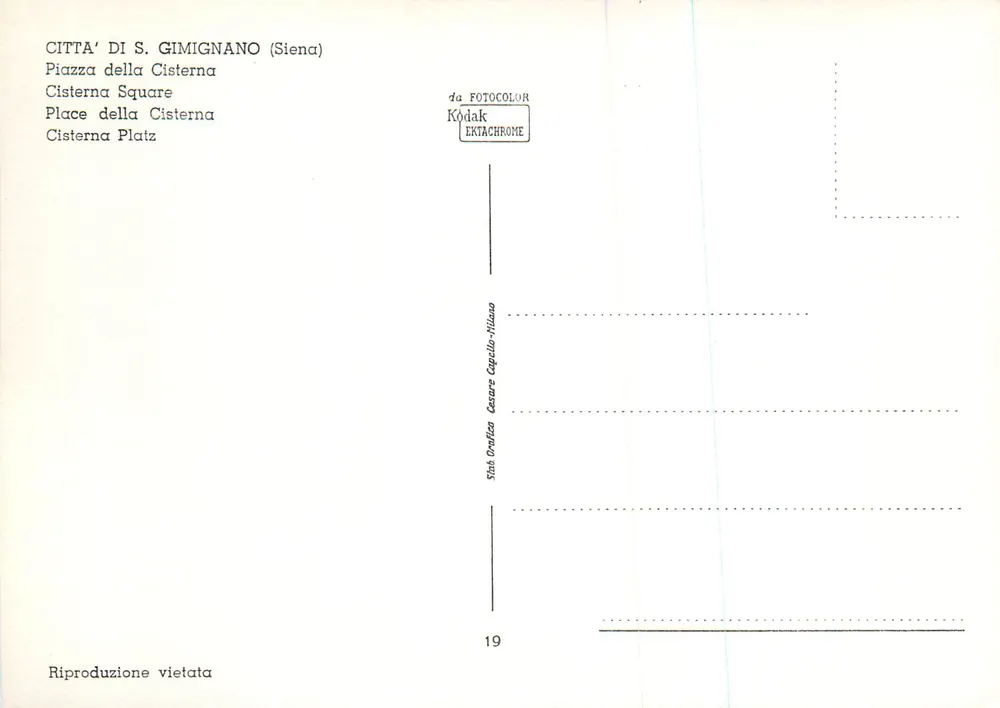 Praça Cisterna — Siena — editor Stabilografia Cesare Capello-Riliano, n°19 - Verso