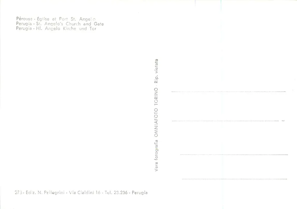 Perugia — Igreja e Porta São Ângelo — Editor N. Pellegrini, n° 273 - Verso