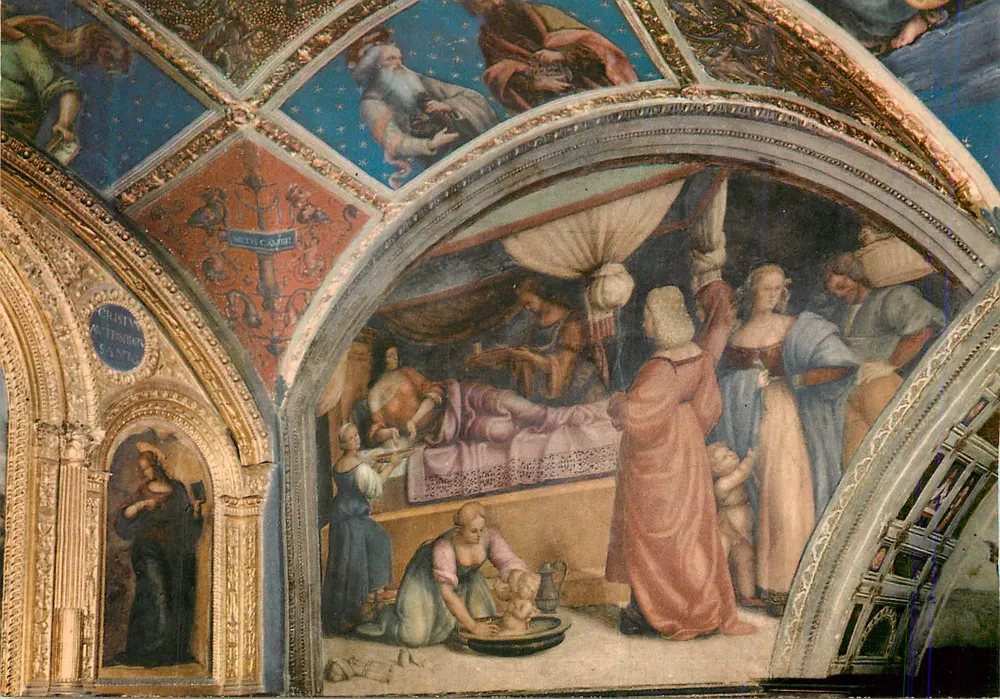 Perugia - Collegio del Cambio - Die Geburt des Heiligen Johannes - Fresko - Fresko von Gian Nicola di Paolo - Vorderseite