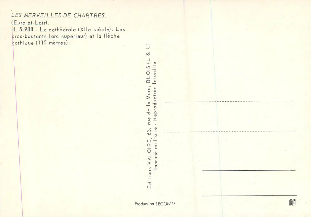 Chartres — Gotische Kathedrale — Verleger Valoire, n° H.5.988 - Rückseite
