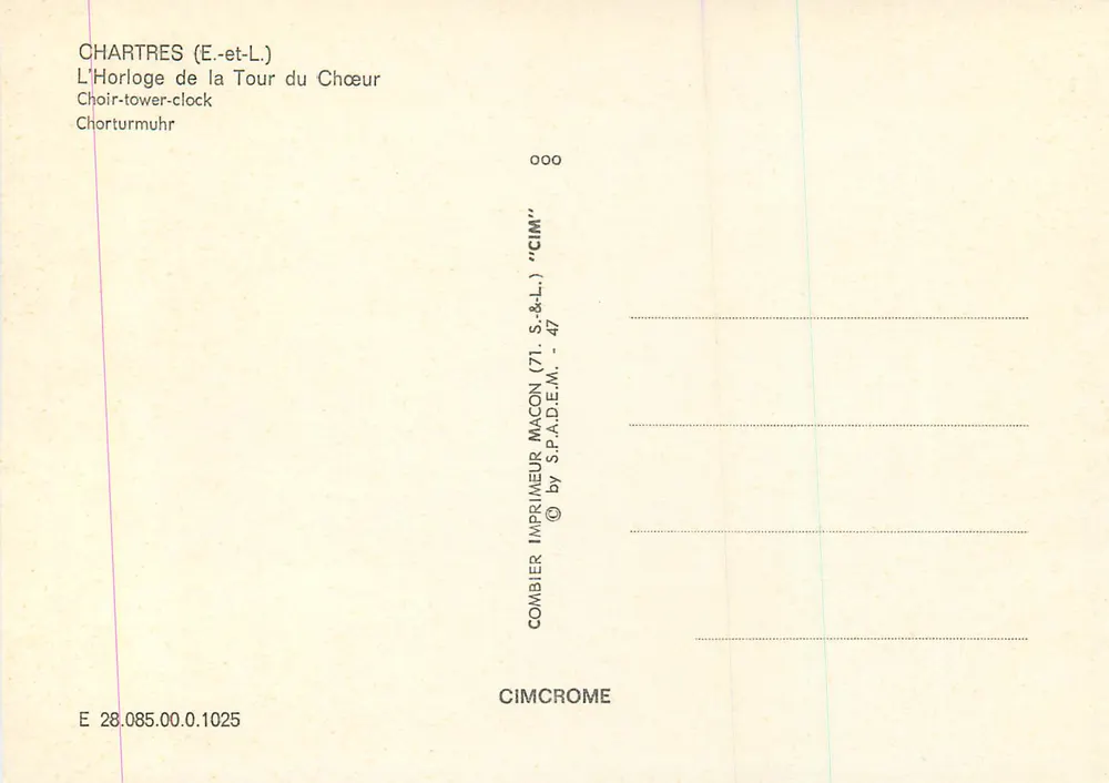Chartres (E-et-L.) — A Relógio da Torre do Coro — Impressor CIMCROME - Verso