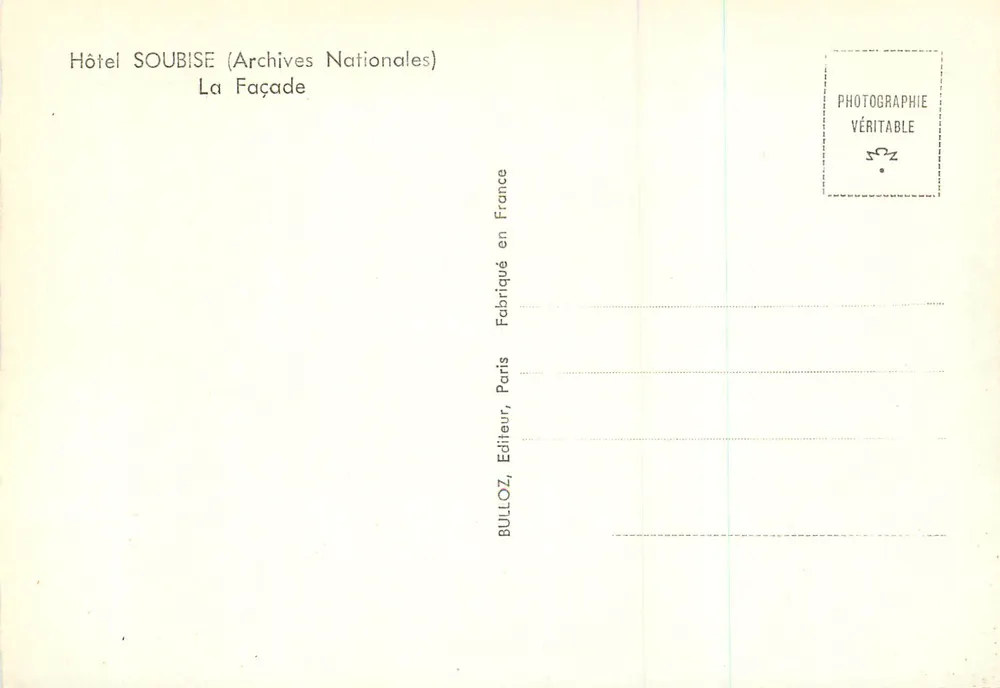 Hôtel Soubise — Fachada — Bulloz, Editor, Paris - Verso