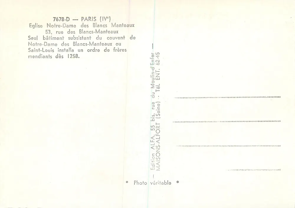 Église Notre-Dame des Blancs-Manteaux — Paris (IVe) — Édition ALFA - Verso