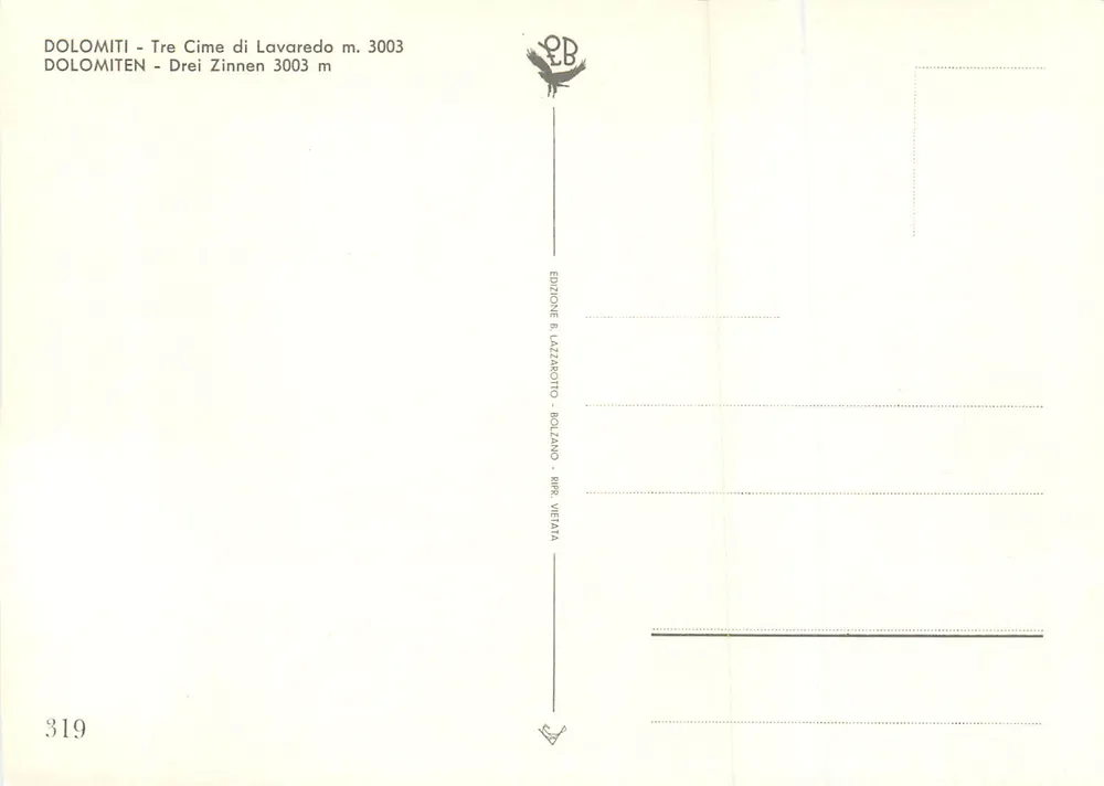 Três Cimeiras de Lavaredo — Dolomitas — Edição B. Lazzarotto, Bolzano, Itália, n° 319 - Verso