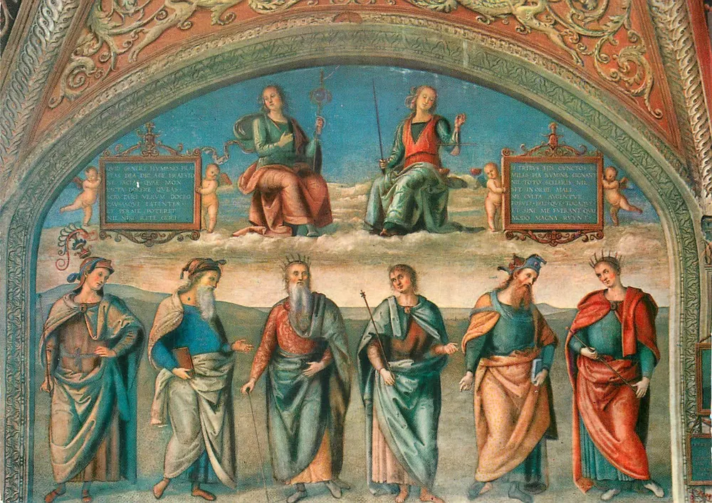 Perugia - Collegio del Cambio — Perugino, Die Weisheit, die Gerechtigkeit und verschiedene Figuren - Vorderseite