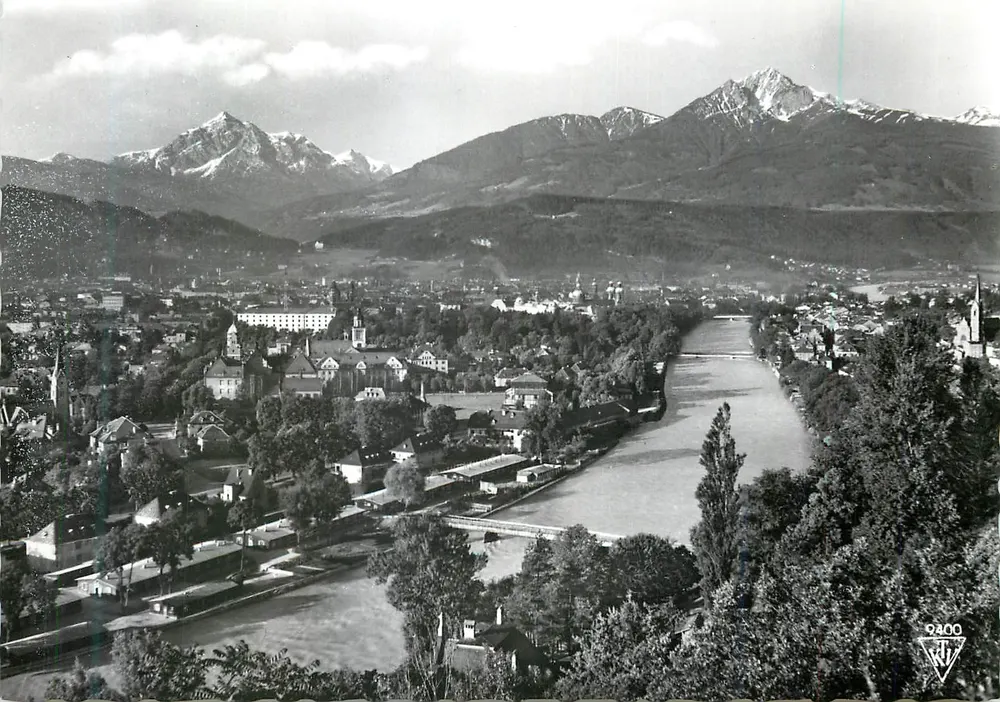 Innsbruck z południa — z szczytami 2719 m i 2406 m — Tiroler Kunstverlag, Chizzi, Innsbruck, Siligasse 21 - Awers