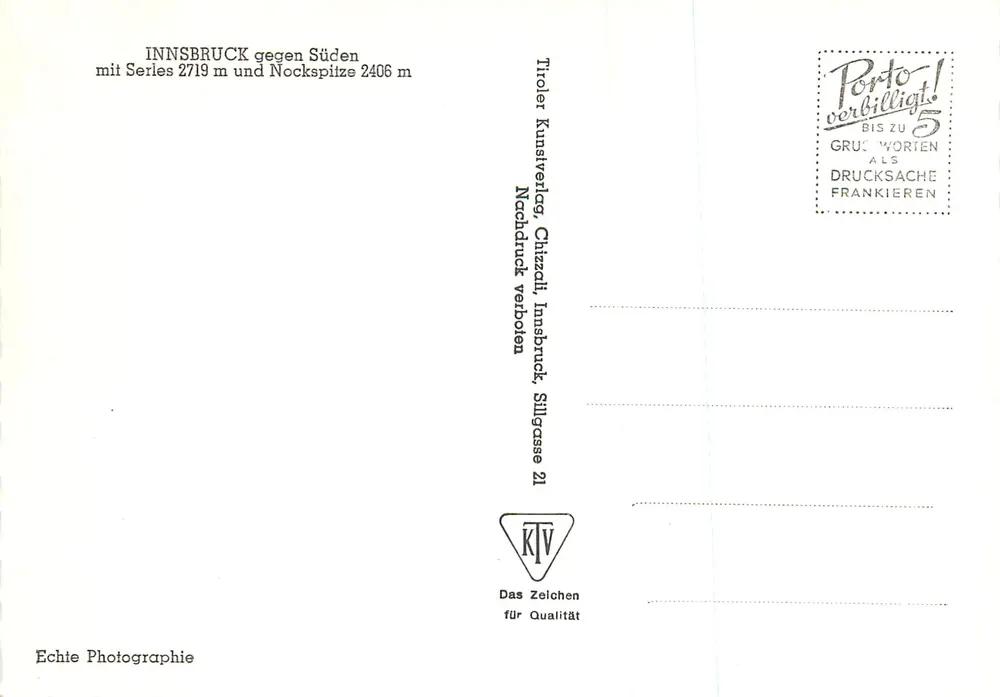 Innsbruck z południa — z szczytami 2719 m i 2406 m — Tiroler Kunstverlag, Chizzi, Innsbruck, Siligasse 21 - Rewers