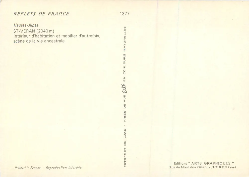 St-Véran (2040 m) — Intérieur d'habitation et mobilier d'autrefois — Éditeur : Editions Arts Graphiques, Toulon (Var) - Verso