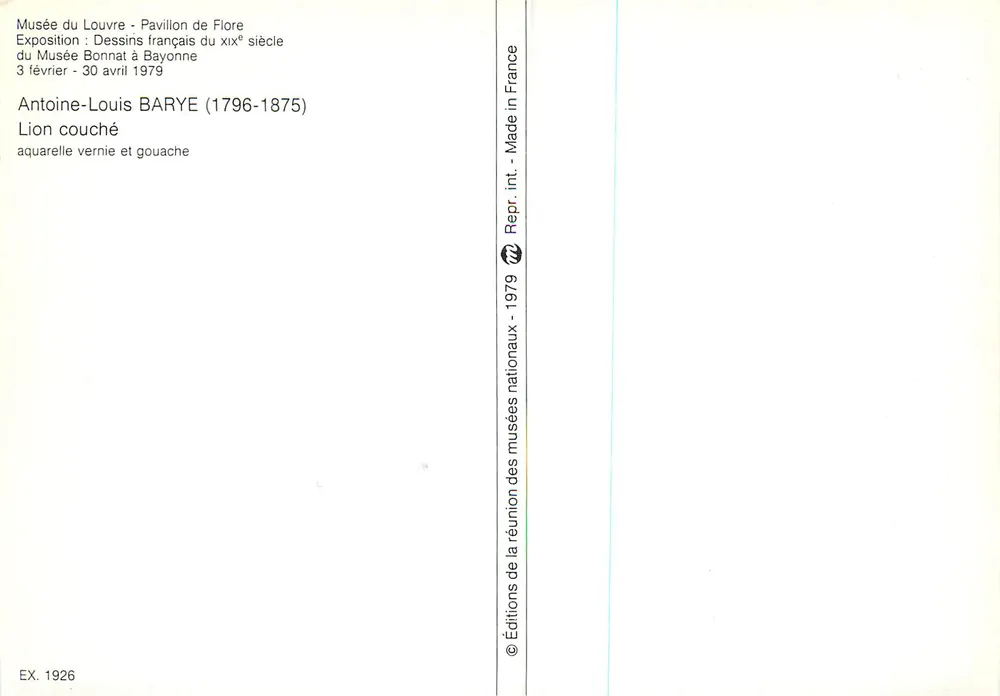 Liegender Löwe — Werk von Antoine-Louis BARYE (1796-1875) — reproduziert 1979 von Éditions de la réunion des musées nationaux - Rückseite