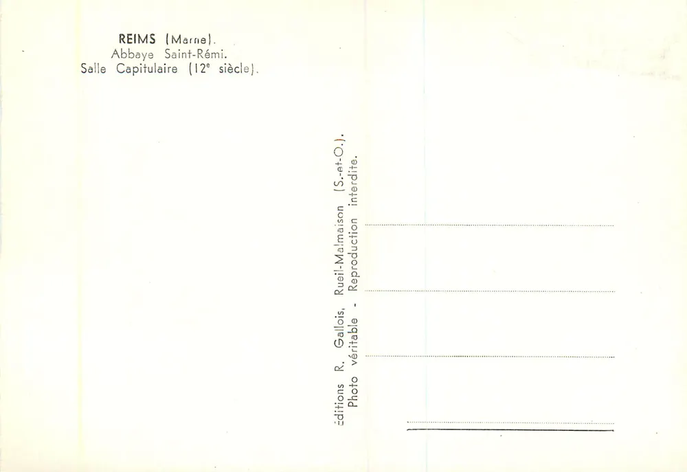 Reims (Marne) — Abadia Saint-Rémi, Sala Capitular (século 12) — Éditions R. Gallois, Rueil-Malmaison - Verso