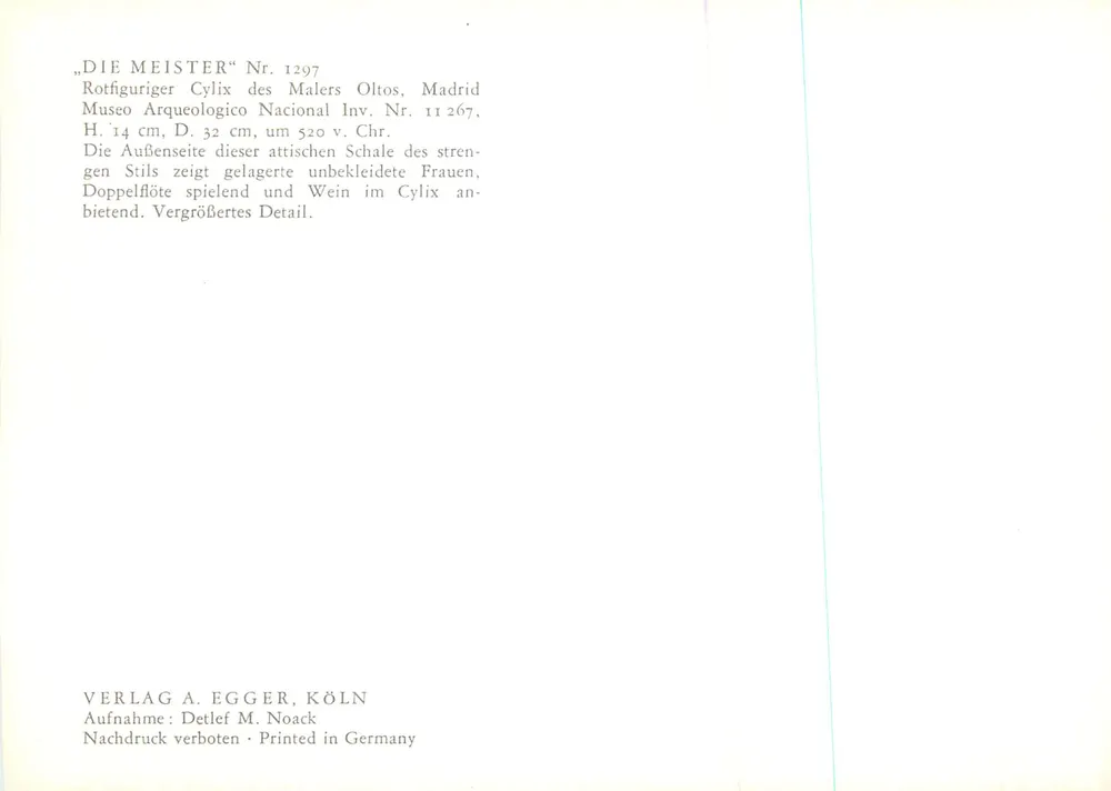 Cylindre attique — détail d'une femme jouant de la flûte — Verlag A. Egger, Cologne, n° 1297 - Verso