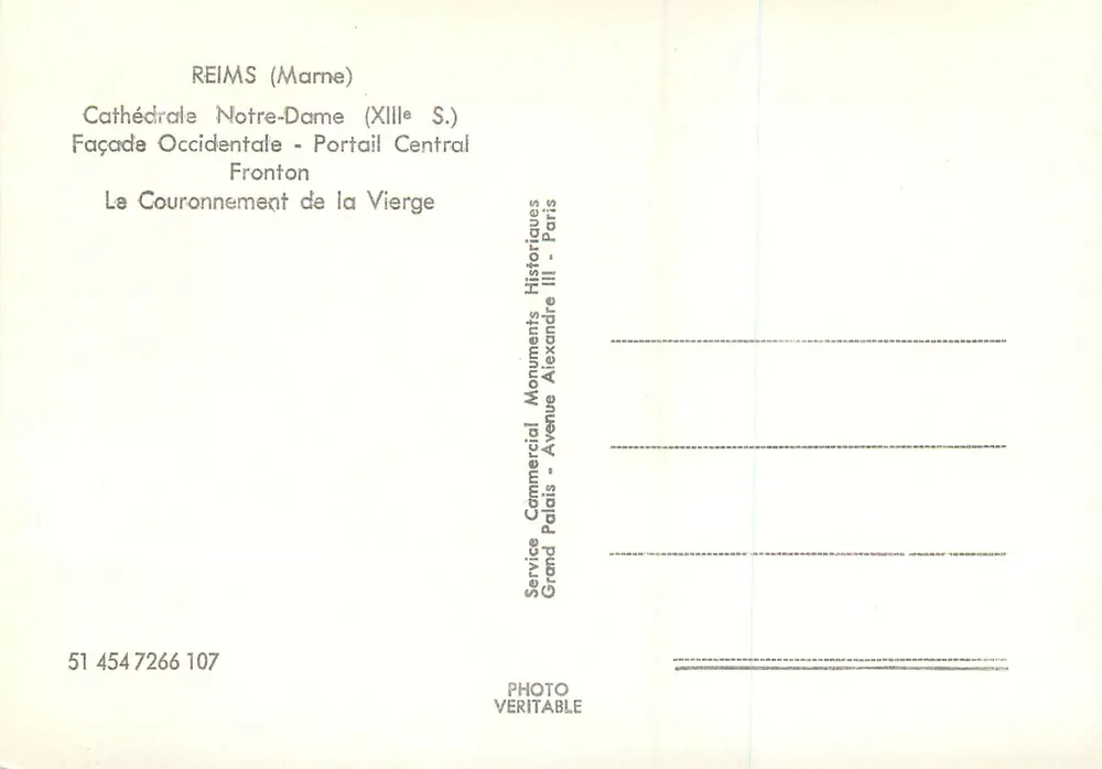 Reims (Marne) — Kathedrale Notre-Dame, westliche Fassade, zentrales Portal, Gesims — Krönung der Jungfrau, Serie 13. Jahrhundert, Verlag Service Commercial Palais Grand Palais, Paris - Rückseite